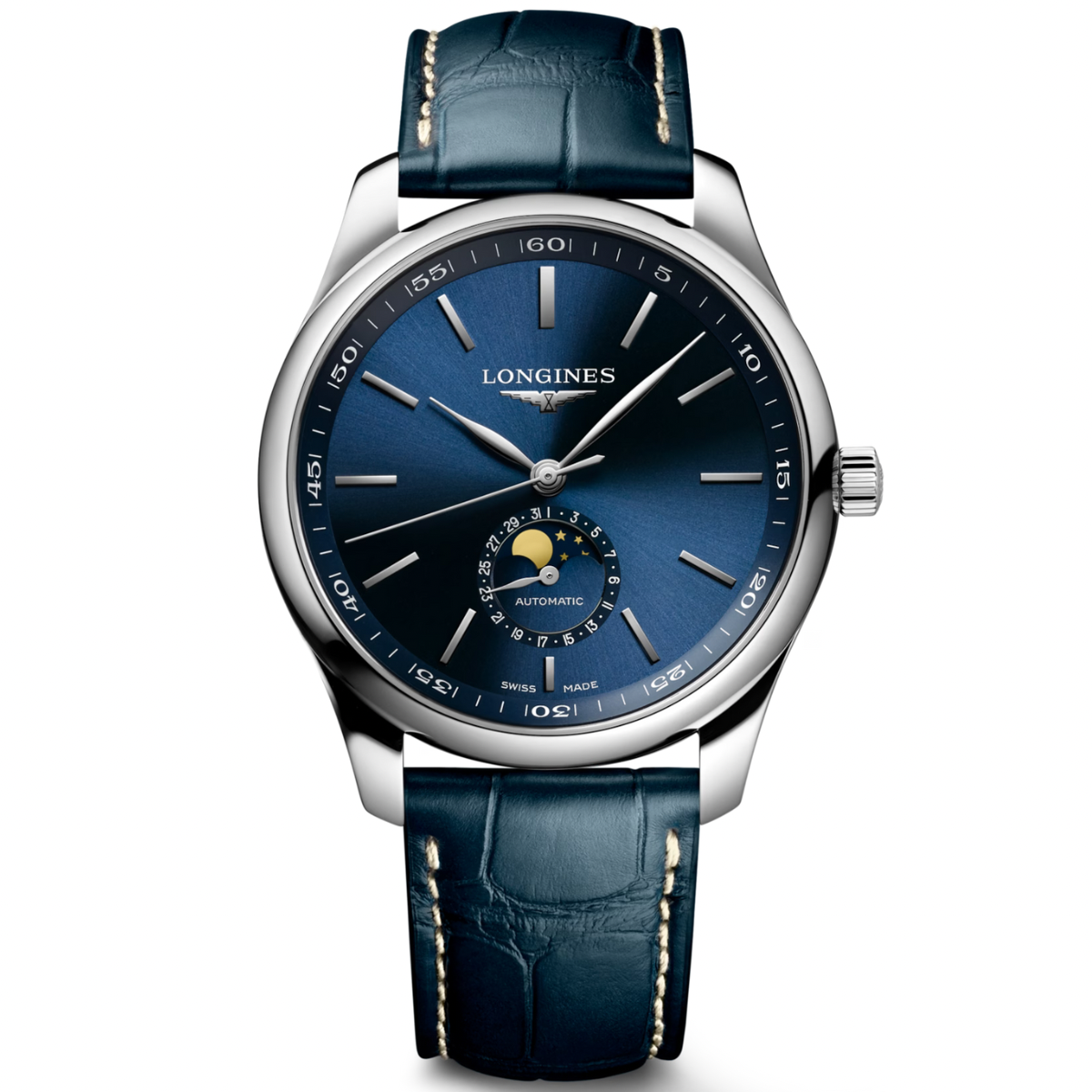 BNIB LONGINES MASTER COLLECTION BLUE MOONPHASE AUTOMATIC LEATHER STRAP 42MM L2.919.4.92.0