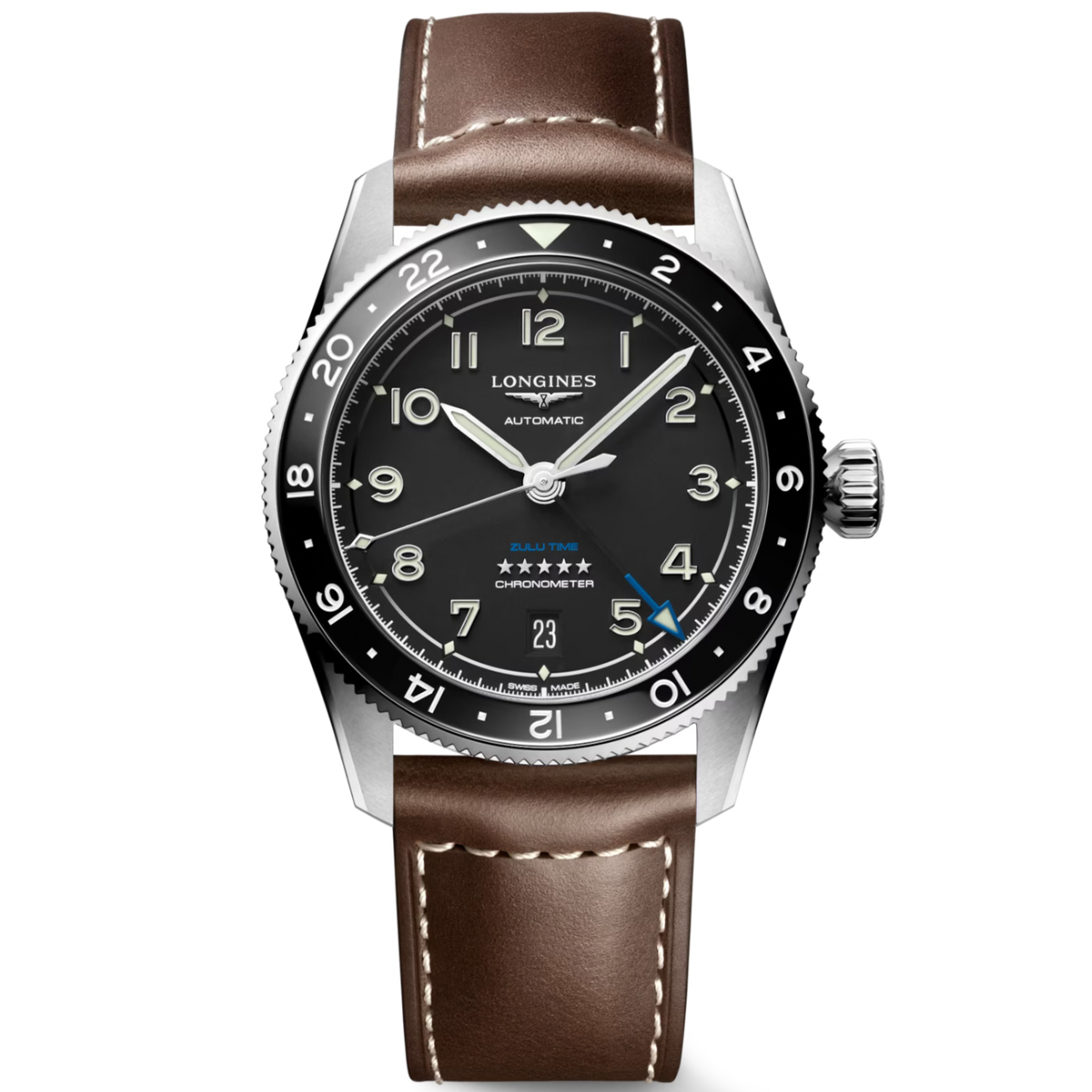 [BNIB] LONGINES SPIRIT ZULU TIME BLACK LEATHER STRAP 39MM *L3.802.4.53.2*