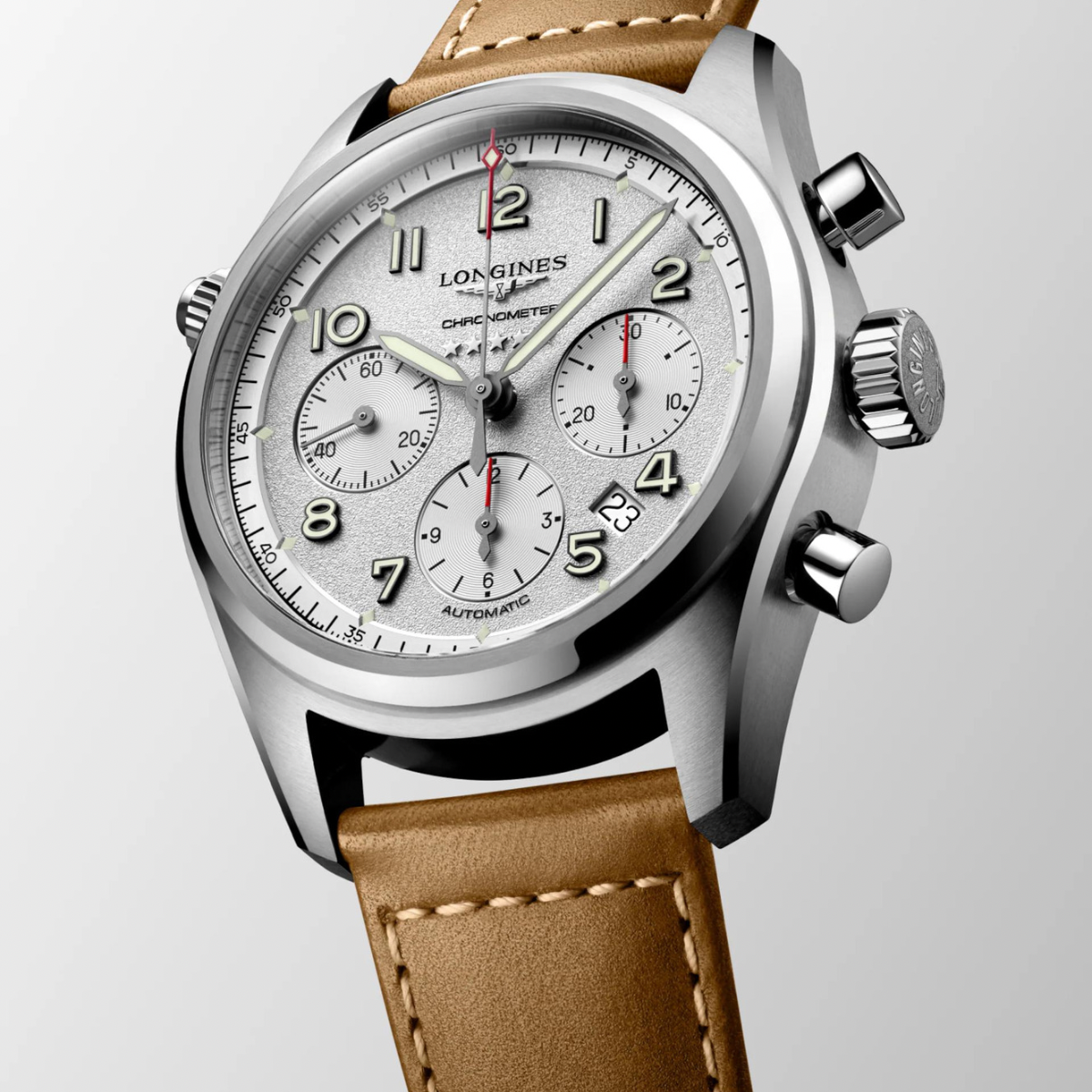 [BNIB] LONGINES SPIRIT AUTOMATIC CHRONOGRAPH SILVER LEATHER STRAP 42MM *L3.820.4.73.2*