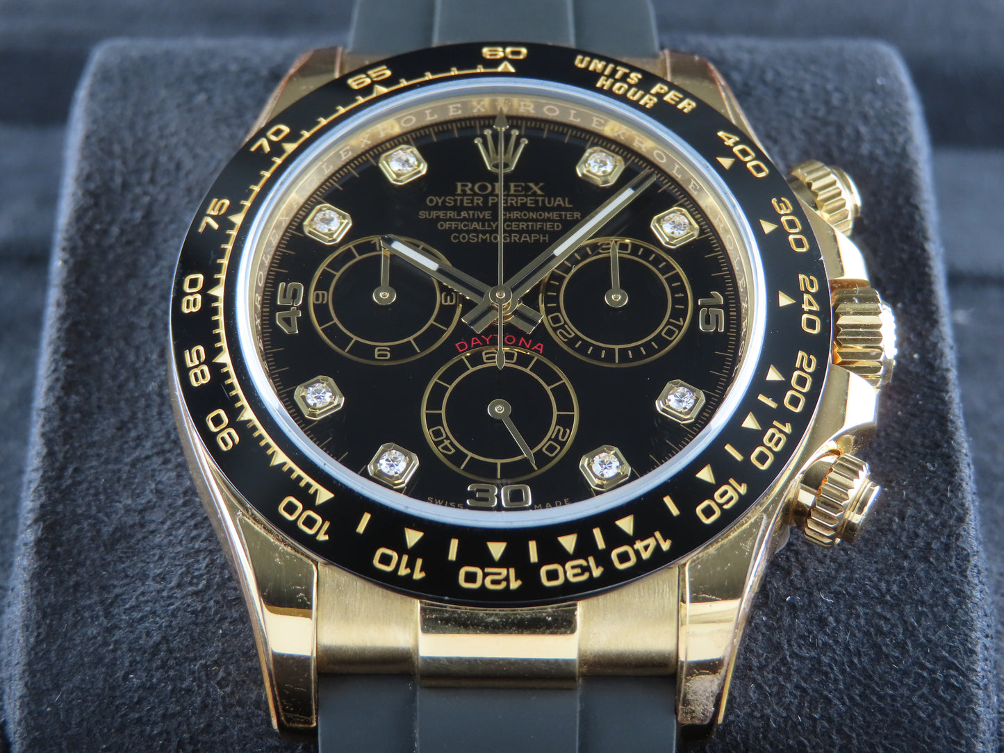 Rolex Daytona Oysterflex Ceramic Bezel 18 Ct. Yellow Gold Black Dial Diamond Hour Markers 116518LN June 2018