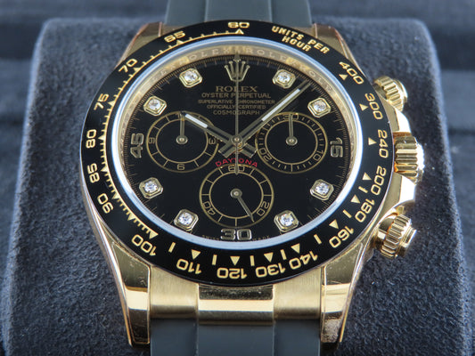 Rolex Daytona Oysterflex Ceramic Bezel 18 Ct. Yellow Gold Black Dial Diamond Hour Markers 116518LN June 2018
